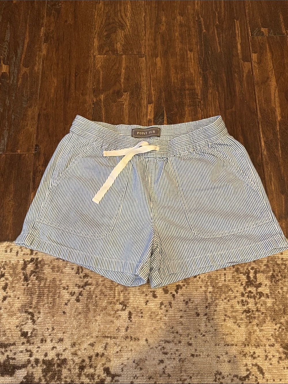JCrew Women's Blue and White Striped Drawstring Jean Shorts